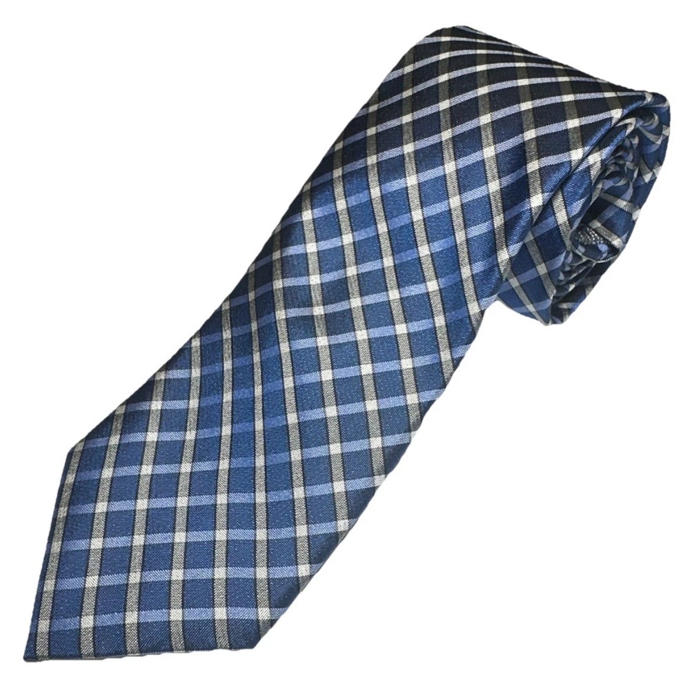 ENRO Tie Men’s Elegant Blue Gray Plaid 100% Silk Necktie Classic New With Tag